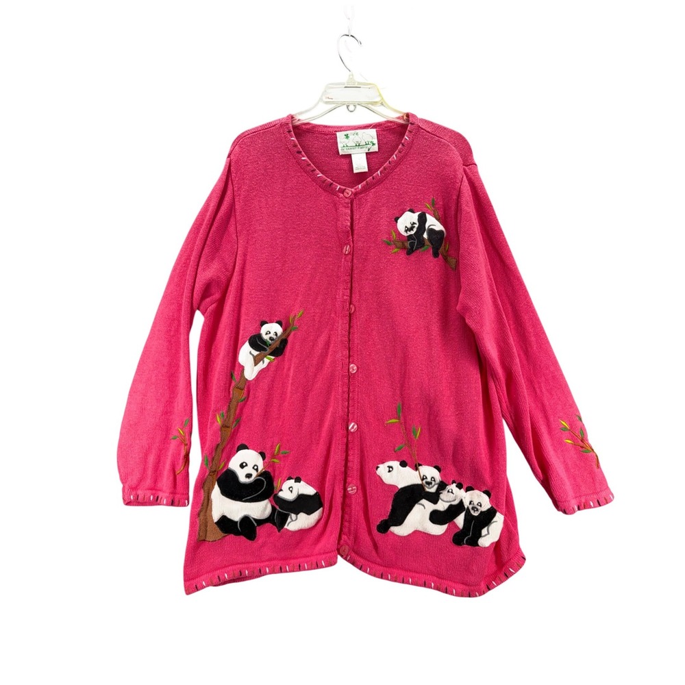 Quacker Factory Panda Cardigan 1X Pink Embroidered Applique Ramie
